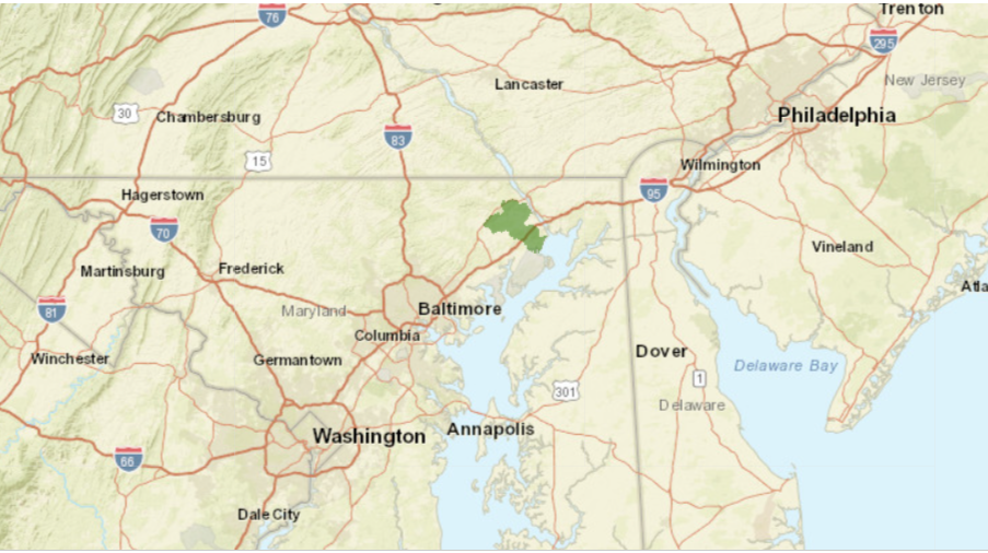 A map of the Delmarva region showing a small green blotch northeast of Baltimore.