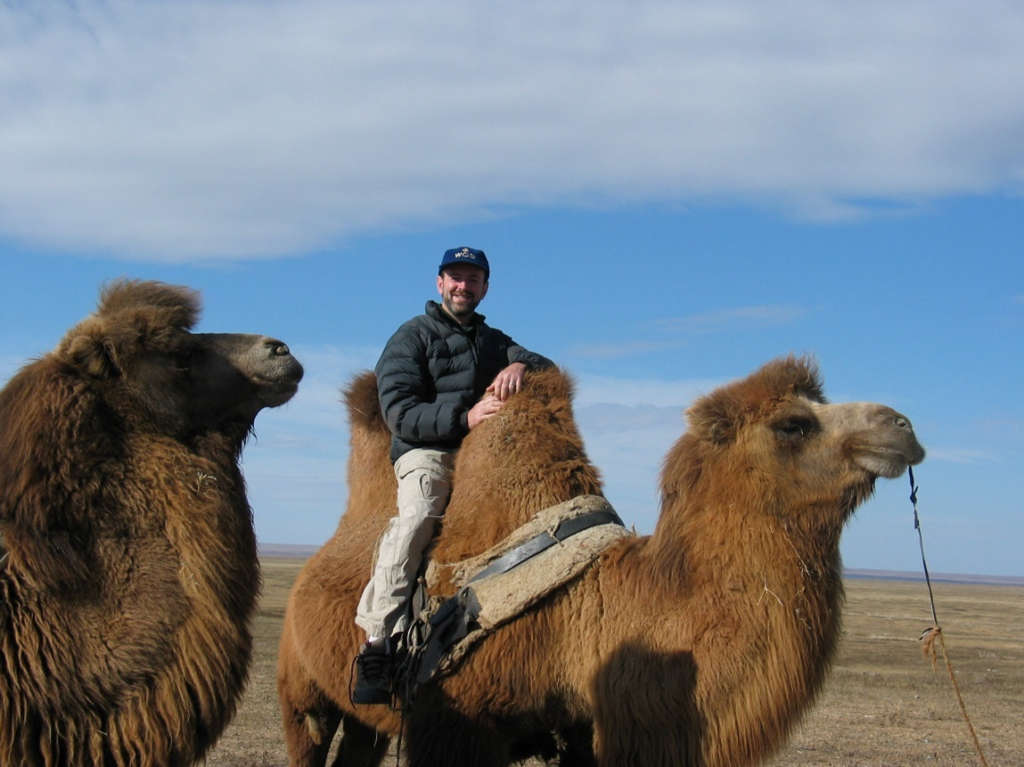 A man with a ball cap and puffy jacket smiles at the camera while sitting between the two humps of a Bactrian camel. Blue sky and flat plains meet at the horizon behind him.