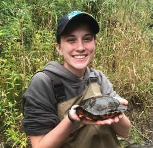 A person wearing chest waders, a gray hoodie, and a ball cap smiles at the camera holding a wood turtle in their upturned palms.